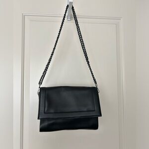 NWOT black premium leather flap shoulder bag / clutch with chain